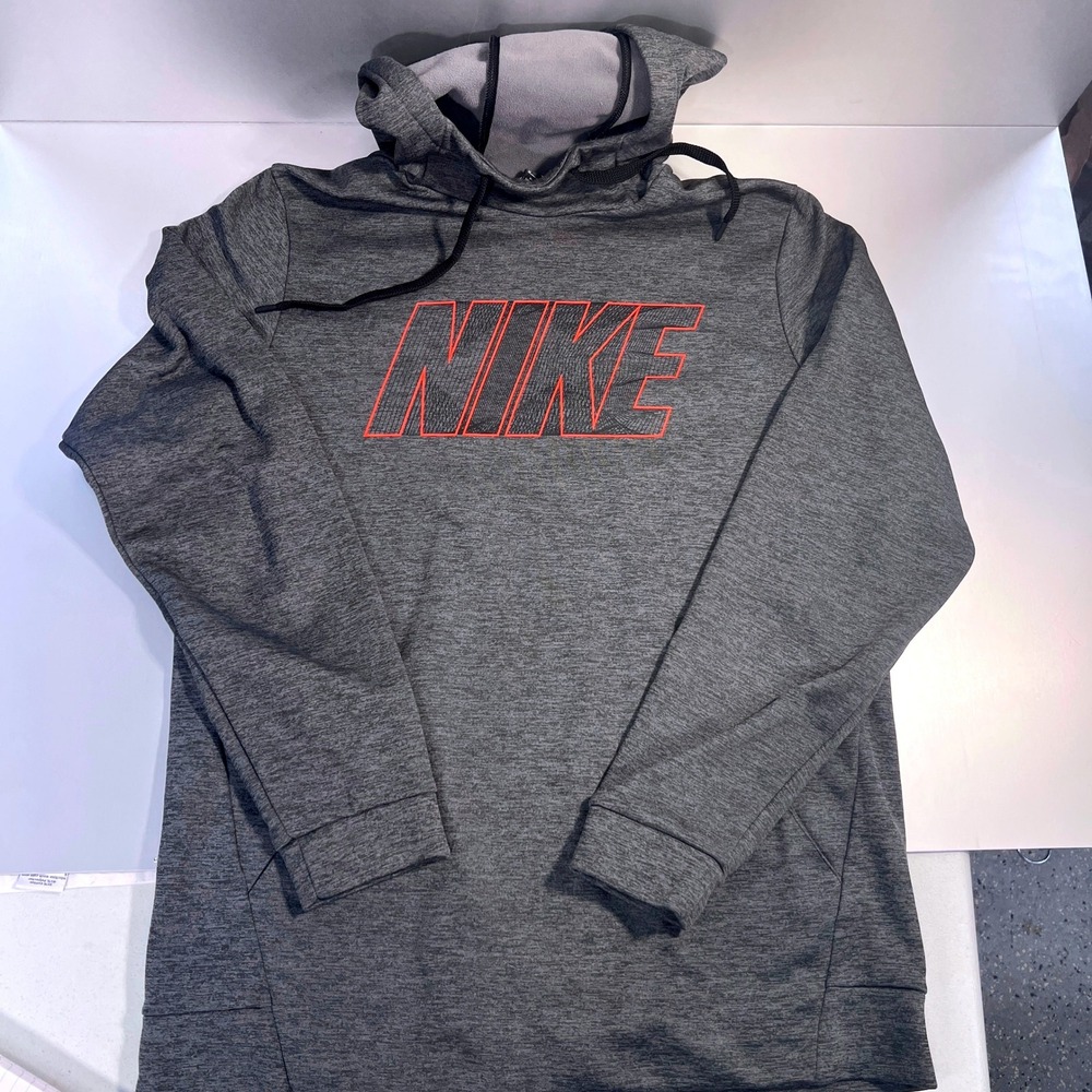 Nike Mens Dri-FIT Hoodie Gray Heather Orange Logo Pullover Sweatshirt Medium top